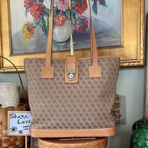 Dooney & Bourke Signature monogram Tote Shoulder Bag with Vachetta Leather Trim